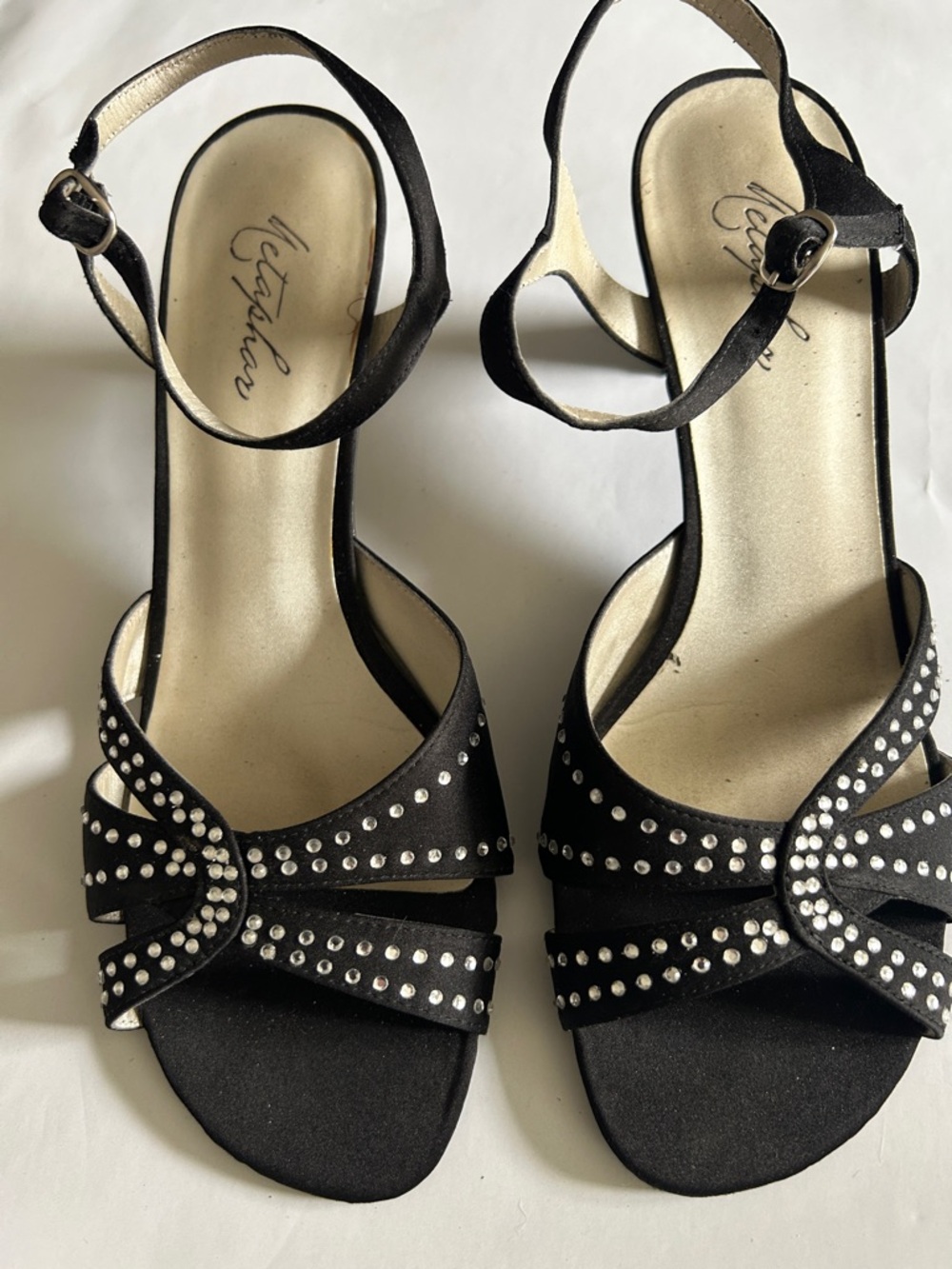 Chic Sz 9 Black Satin Rhinestone Ankle-Strap Heels